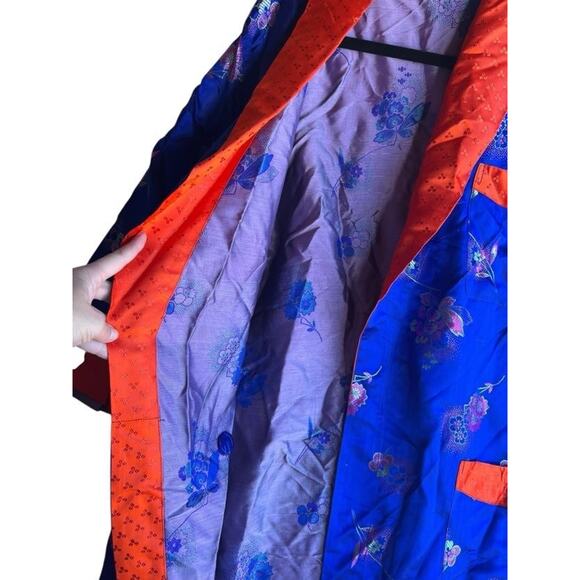 Vintage Men's Silk? Satin Robe Floral Brocade Blue Size LARGE with 3 Pockets - Picture 3 of 9